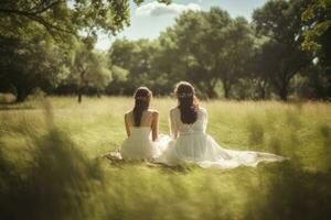 AI generated Two women in white dresses relaxed in grass. Generate ai photo