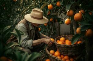 AI generated Gardener picking oranges in wicker basket. Generate ai photo