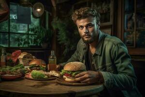 ai generado hombre comiendo grande hamburguesa a mesa. generar ai foto