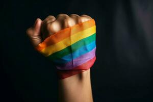 AI generated Fist holding pride rainbow flag. Generate ai photo