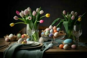 ai generado Pascua de Resurrección festivo mesa con huevos y tulipanes flores generar ai foto