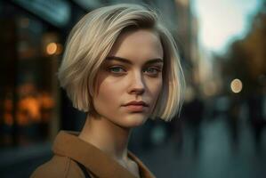 AI generated Lady with short blonde hairdo street portrait. Generate ai photo