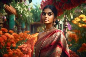 AI generated Indian super model in floral garden. Generate ai photo