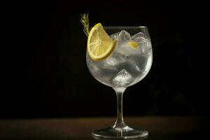 AI generated Gin tonic cocktail glass on dark background. Generate ai photo