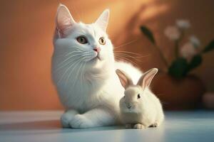 AI generated White cat and rabbit together indoor portrait. Generate ai photo