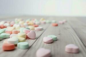 ai generado caramelo pastel vistoso corazones pila en mesa. generar ai foto
