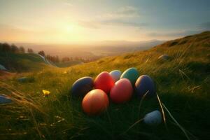 AI generated Colored eggs on hills. Generate ai photo