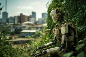 AI generated Weathered Robot in abandoned city. Generate Ai photo