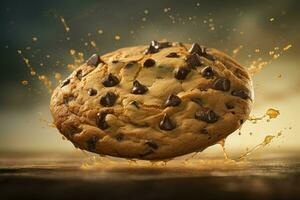 AI generated Chocolate chip cookie flying with cocoa splashes. Generate ai photo