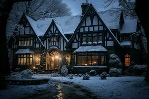 AI generated Mysterious Gothic vintage house. Winter old night photo