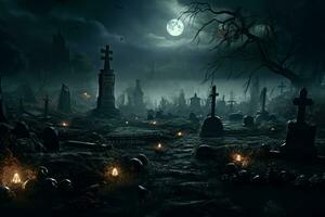 AI generated Deserted Halloween graveyard. Generate Ai photo