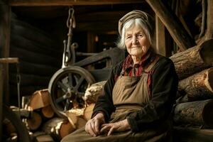 AI generated Skilled Carpenter old woman sawmill. Generate Ai photo