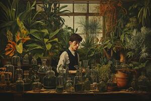 AI generated Meticulous Botanist man pots. Generate Ai photo