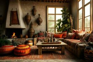 AI generated Cozy Home interior boho living room. Generate Ai photo