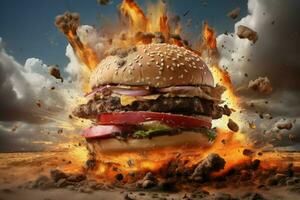 AI generated Hamburger explosion. Grilled meal bun photo