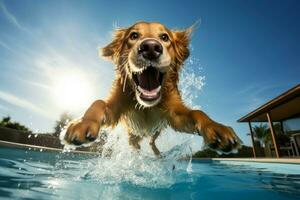 AI generated Courageous Dog jump in pool. Generate Ai photo