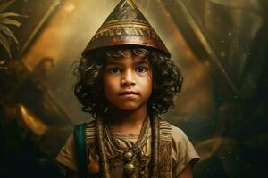 AI generated Adventurous Aztec child boy old pyramid. Generate AI photo