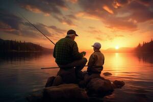 AI generated Idyllic Grandfather grandson fishing sunset. Generate Ai photo