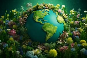 AI generated Thriving Green planet earth cover. Generate Ai photo