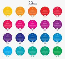 Infographic template with 20 circle options for presentation and data visualization. Business process chart. Diagram with twenty steps to success vector