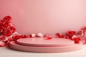 AI generated Valentines Day Display Featuring an Empty Pedestal Surrounded by Drifting Rose Petals in Deep Red, Gentle Pink, and Light Green Hues photo