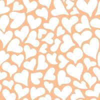 Seamless pattern with romantic white hearts. Trendy peach fuzz color background. Valentine's day, wedding, mother's day background. Vector illustration