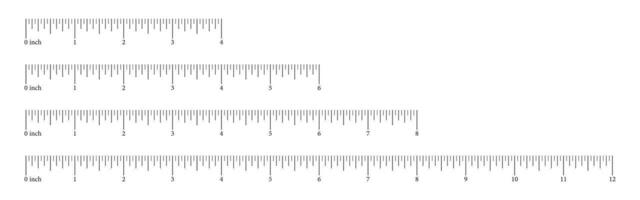 Set measuring charts with 4, 6, 8, 12 inches. Collection of templates rulers scale with numbers. Length measurement math, distance, height. Sewing tool. Vector illustration.