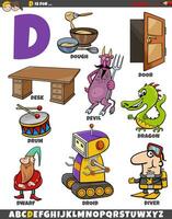 Letter D set with cartoon objects and characters vector