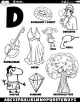 Letter D set with cartoon objects and characters coloring page vector