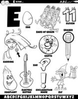 Letter E set with cartoon objects and characters coloring page vector