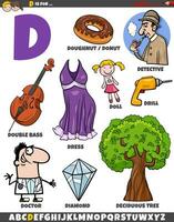 Letter D set with cartoon objects and characters vector