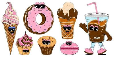 Cute sweets characters in retro cartoon style. Colorful set of mascots of donut, coffee, ice cream, cake, cupcake and other sweets. Vector illustration on isolated white background.