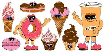 Cute sweets characters in retro cartoon style. Colorful set of mascots of donut, coffee, ice cream, cake, cupcake and other sweets. Vector illustration on isolated white background.