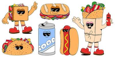 Colorful set of fast food characters in retro cartoon style. Vector mascot illustration of burger, hot dog, taco, soda, burrito and other street food on white isolated background.