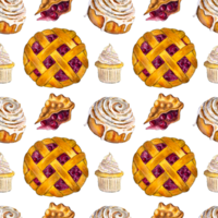 Hand drawn watercolor bakery pattern with a cherry pie, a cupcake and a cinnamon roll on the transparent background. Seamless watercolor dessert pattern. png