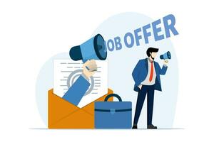 Concept of job offer document in big yellow envelope, HR agent or boss hand using megaphone and attracting new employee, Interview, recruitment, employment contract, agreement, job promotion. vector