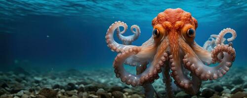 AI generated Octopus Glides Over Seabed Underwater Scene photo