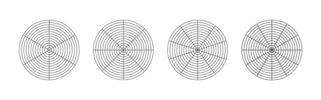 Wheel of life template. Set of coaching tool for visualizing all areas of life. Polar grid with segments, concentric circles. Circle diagrams of life style balance. Blank of polar graph paper. Vector. vector