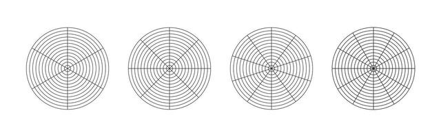 Wheel of life template. Set of coaching tool for visualizing all areas of life. Polar grid with segments, concentric circles. Circle diagrams of life style balance. Blank of polar graph paper. Vector. vector