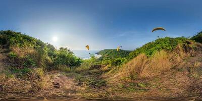 360 hdri panorama with high mountain on ocean coast in equirectangular spherical seamless projection photo