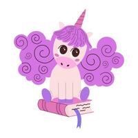 Cute kawaii purple unicorn character in flat style sitting on a magic book, isolated on white background. fairy tale forest magical animal with magic horn in purple pink palette. vector