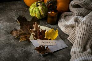 Autumn November still life with letter photo