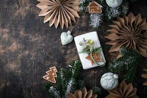 Festive gift box with eco design. Christmas concept photo