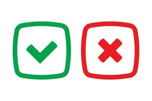 Green tick and red cross checkmarks in flat icons. Yes or no symbol, approved or rejected icon for user interface. vector