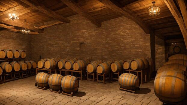 ai generado vino barriles en el cava de el lagar foto