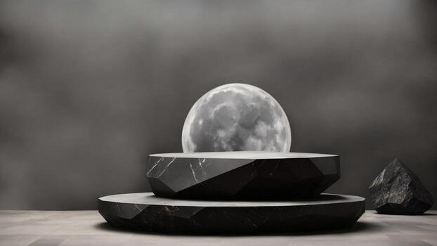 ai generado Roca podio con un Luna en el fondo, 3d hacer foto