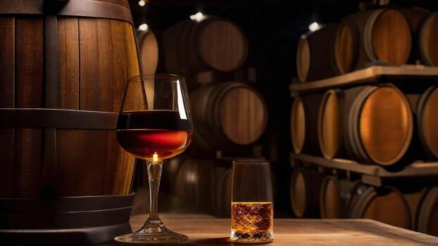 ai generado vino en vaso en el antecedentes de barriles foto