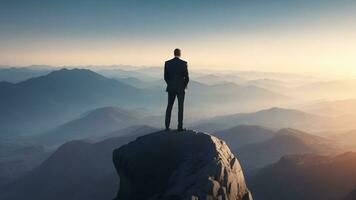 AI generated Businessman standing on top of a mountain and looking into the distance photo