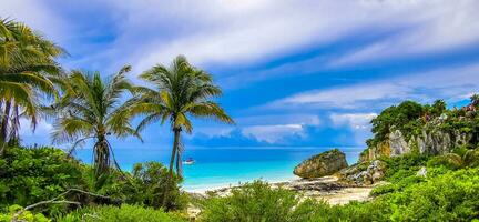 Natural seascape panorama beach view Tulum ruins Mayan site Mexico. photo