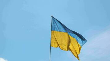 The Ukrainian flag flutters against the blue sky. 4K video